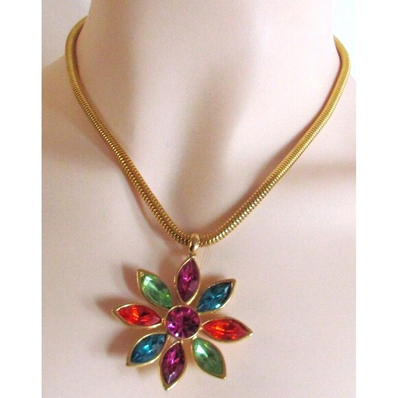 DESIGNER GRAZIANO MULTI COLOR RHINESTONE DAISY FLOWER GOLD CHAIN NECKLACE - Picture 2 of 12